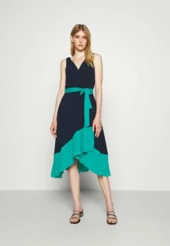 DKNY COLORBLOCK V NECK FAUX WRAP - Day Dress - Spring Navy/teal