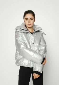 DKNY HIGH SHINE BOXY PUFFER REMOVABLE HOOD - Winter Jacket - Silver
