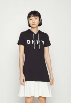 DKNY FLOUNCE LOGO HOODIE DRESS - Shirt Dress - Black/ivory