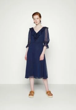 DKNY CINCHED BALLOON SLEEVE RUFFLE MIDI - Day Dress - Spring Navy