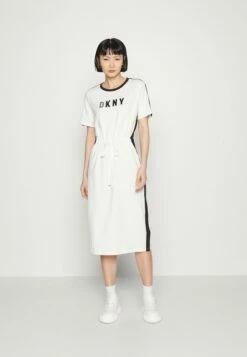 DKNY COLORBLOCK TIE WAIST LOGO DRESS - Jersey Dress - Ivory/black